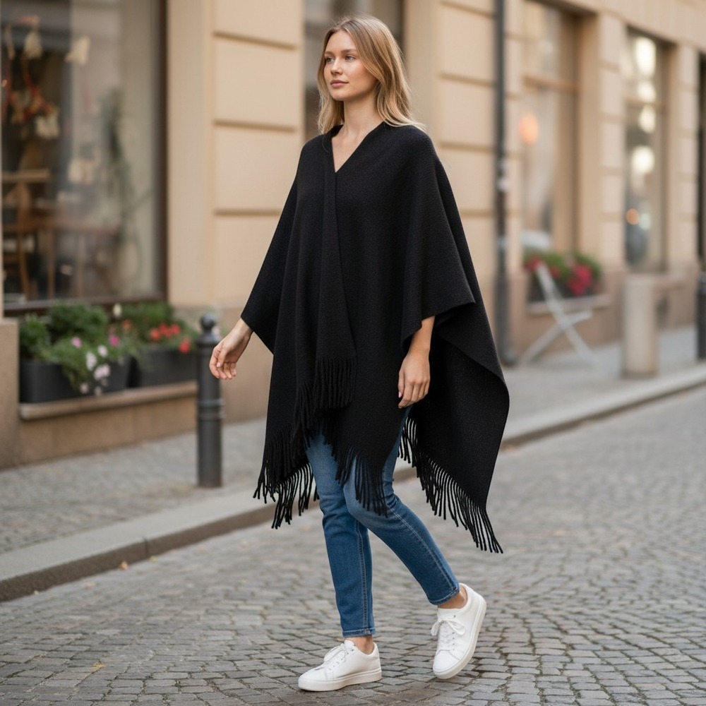 Bohohemian Poncho Women OS Black Excellent Knit Fringe Shimmer Metallic Wrap